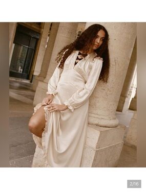 Doen Cream Satin Midi Dress with Ruffle Trim